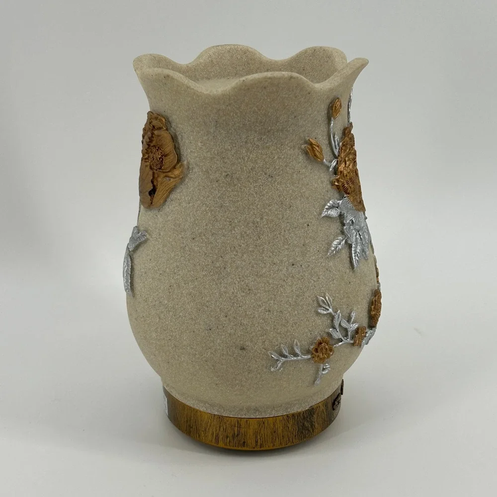 Floral 3D Rose Essential Oil Diffuser Scalloped Stone Look Vase DC 24V Beige NEW